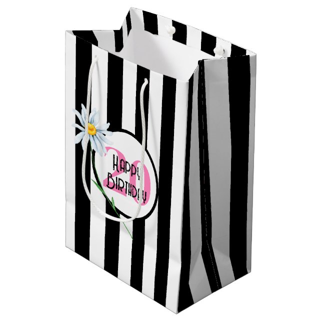 20th Birthday Black And White Stripes Medium Gift Bag (Front Angled)