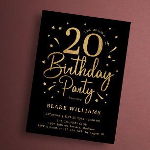 20th Birthday Black Gold Invitation