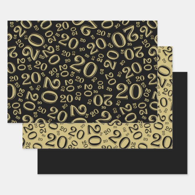20th Birthday Black & Gold Number Pattern 20 Wrapping Paper Sheet (Set)