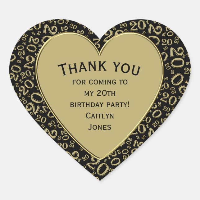 20th Birthday Black/Gold Random Number Pattern 20 Heart Sticker (Front)