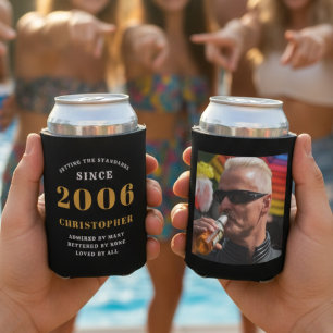 20th Birthday Black Gold With Name & Photo Can Cooler