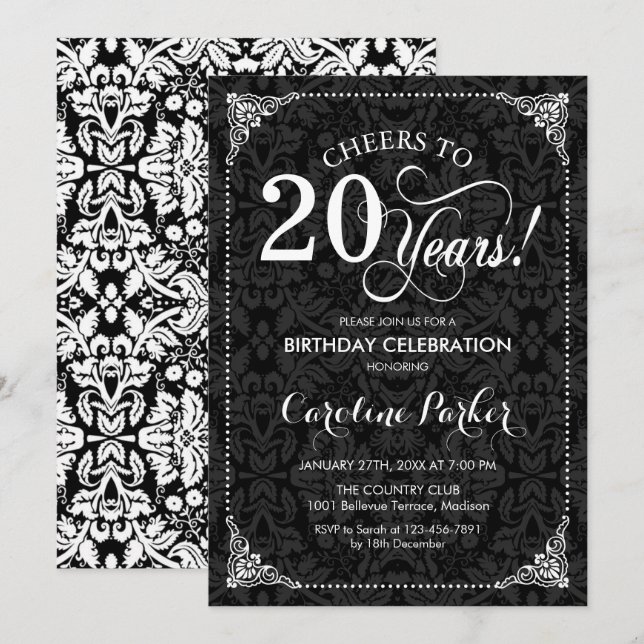 20th Birthday - Black White Damask Invitation (Front/Back)