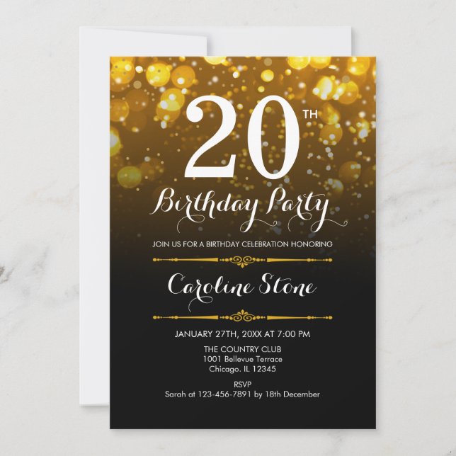 20th Birthday - Black White Gold Invitation (Front)
