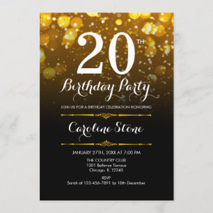 20th Birthday - Black White Gold Invitation