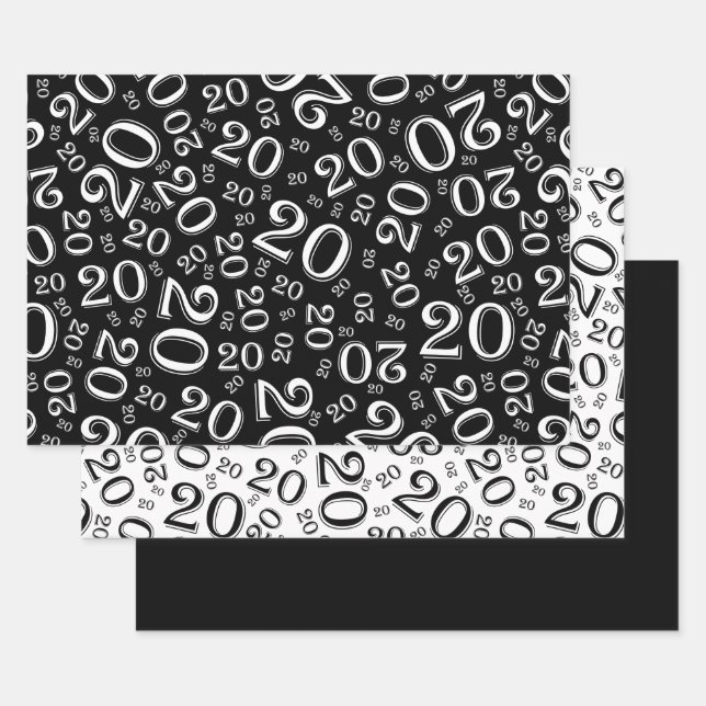 20th Birthday Black & White Number Pattern 20 Wrapping Paper Sheet (Set)