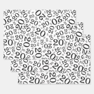 20th Birthday Black/White Random Number Pattern Wrapping Paper Sheet