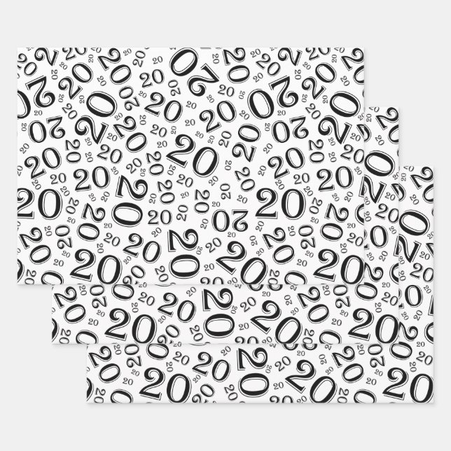 20th Birthday Black/White Random Number Pattern Wrapping Paper Sheet (Set)