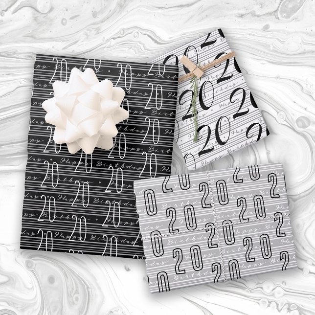 20th Birthday Black White Typography Numbers Wrapping Paper Sheet (Creator Uploaded)