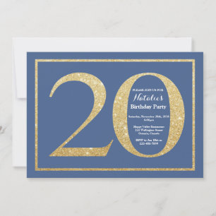 20th Birthday Blue and Gold Glitter Invitation