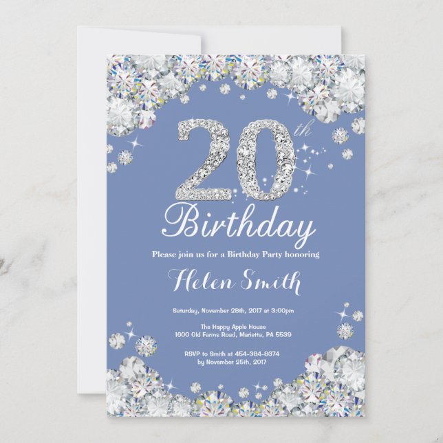 20th Birthday Blue and Silver Diamond Invitation (Front)