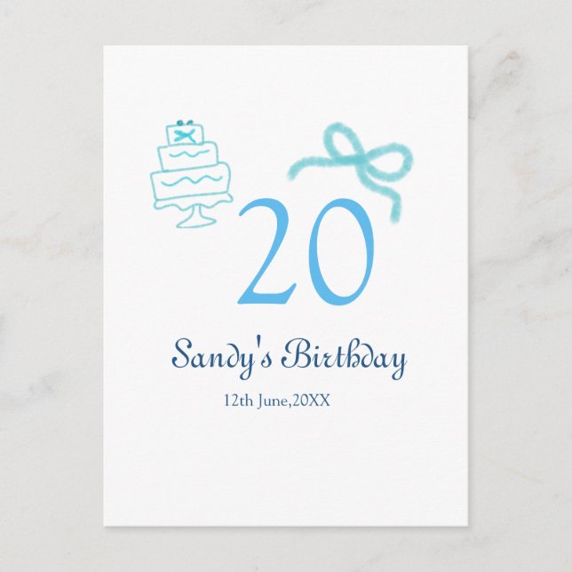 20th Birthday blue bow cake name date pastel retro Postcard (Front)