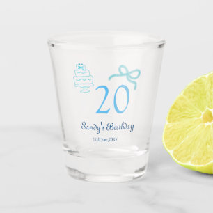 20th Birthday blue bow cake name date pastel retro Shot Glass
