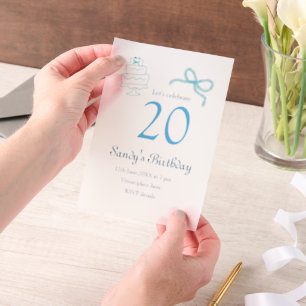 20th Birthday blue bow cake name date pastel retro Vellum Invitations