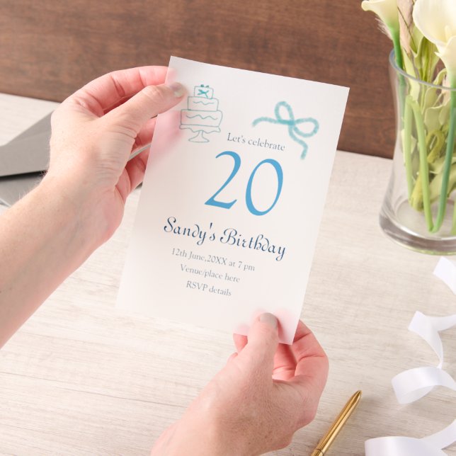 20th Birthday blue bow cake name date pastel retro Vellum Invitations (Handheld)