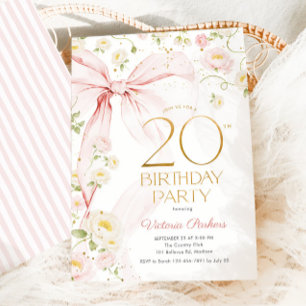 20th Birthday Blush Pink Bow Floral Invitation