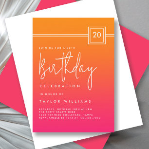 20th Birthday Bold Hot Pink Orange Simple Minimal Invitation