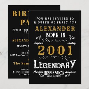 20th Birthday Born 2001 Black Gold Retro Vintage Invitation