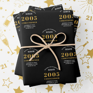 20th Birthday born 2005 Add Name Black Gold Wrapping Paper Sheet