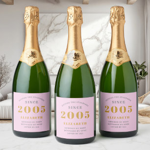 20th Birthday Born 2005 Add Name Pink Grey Sparkling Wine Label