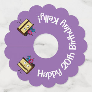 20th Birthday Cake with Candles chocolate icing Wine Glass Tag
