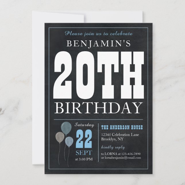 20th Birthday Chalkboard Blue Balloon Rustic Chic Invitation (Front)
