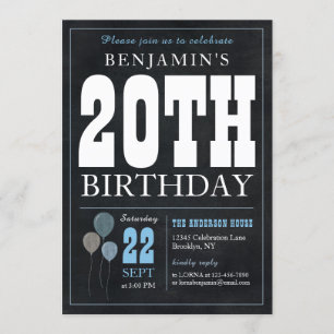 20th Birthday Chalkboard Blue Balloon Rustic Chic Invitation