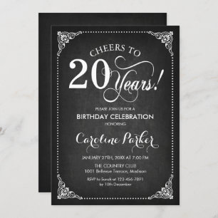 20th Birthday - Chalkboard White Invitation