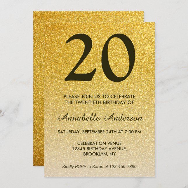 20th Birthday Classic Black Gold Glitter Ombre Invitation (Front/Back)
