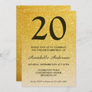 20th Birthday Classic Black Gold Glitter Ombre Invitation