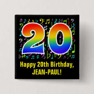 20th Birthday: Colorful Music Symbols, Rainbow 20 15 Cm Square Badge