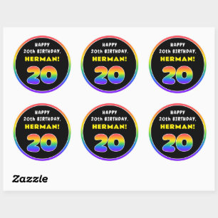 20th Birthday: Colorful Rainbow # 20, Custom Name Classic Round Sticker