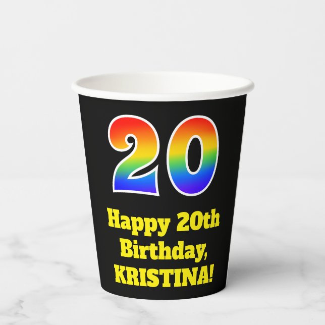 20th Birthday: Colourful, Fun, Exciting, Rainbow 2 Paper Cups (Back)