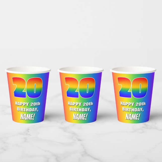 20th Birthday: Colourful, Fun Rainbow Pattern # 20 Paper Cups (Multi)