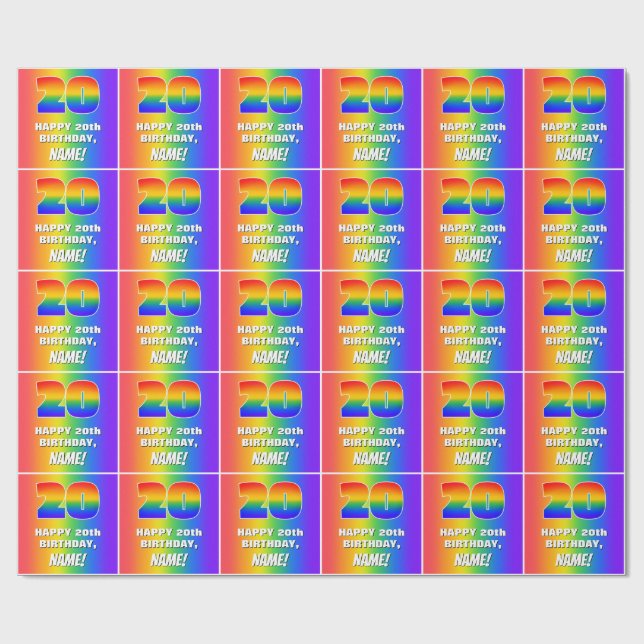 20th Birthday: Colourful, Fun Rainbow Pattern # 20 Wrapping Paper (Flat)