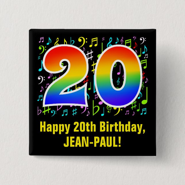 20th Birthday: Colourful Music Symbols, Rainbow 20 15 Cm Square Badge (Front)