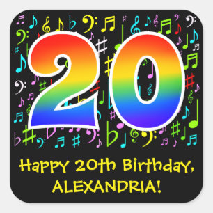 20th Birthday: Colourful Music Symbols, Rainbow 20 Square Sticker