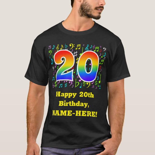 20th Birthday: Colourful Music Symbols, Rainbow 20 T-Shirt (Front)