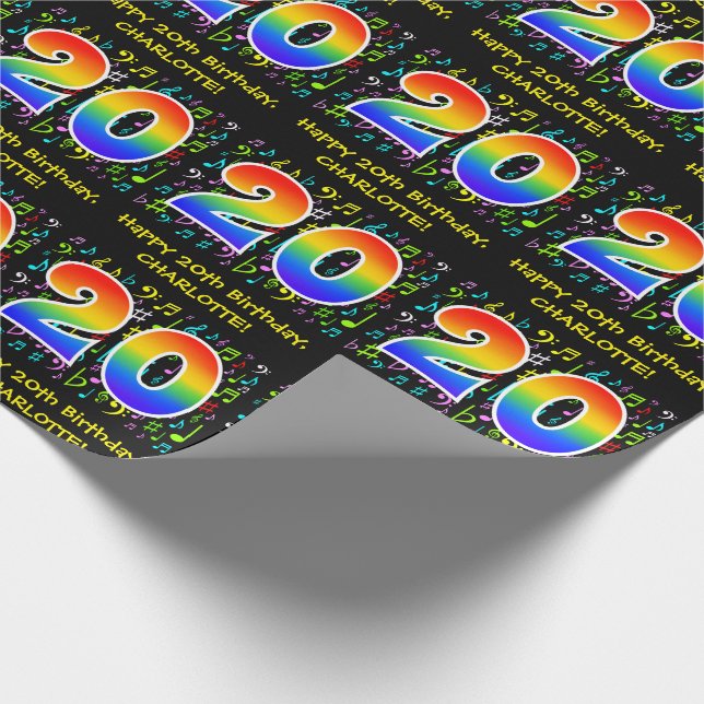 20th Birthday: Colourful Music Symbols, Rainbow 20 Wrapping Paper (Corner)