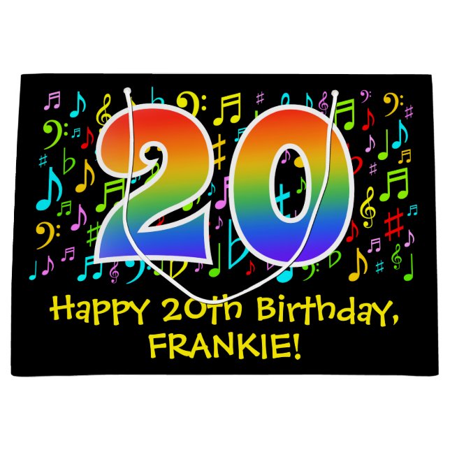20th Birthday - Colourful Music Symbols, Rainbow 2 Large Gift Bag (Front)