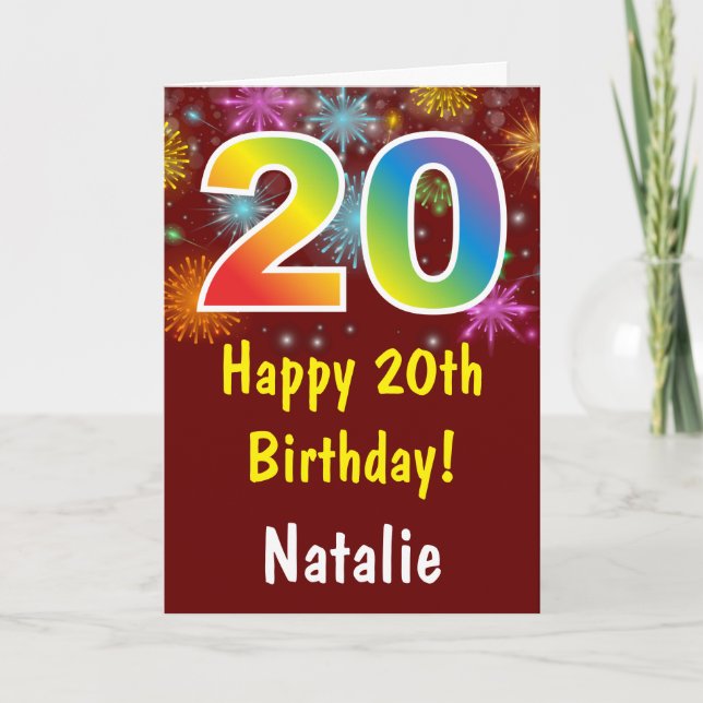 20th Birthday Colourful Rainbow Fireworks Red Card (Front)