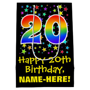 20th Birthday: Colourful Stars Pattern & Rainbow 2 Medium Gift Bag