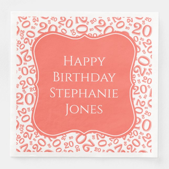 20th Birthday Coral/White Bracket Number Pattern Napkin (Front)