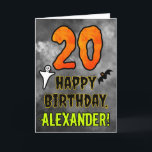 20th Birthday: Eerie Halloween Theme   Custom Name Card<br><div class="desc">The front of this scary and spooky Halloween themed birthday greeting card design features a large number “20”. It also features the message “HAPPY BIRTHDAY, ”, plus a personalised name. There are also depictions of a ghost and a bat on the front. The inside features a customised birthday greeting message,...</div>