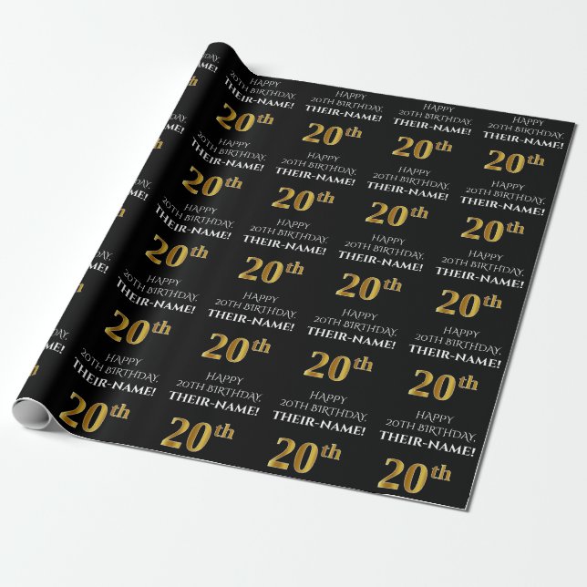 20th Birthday: Elegant, Black, Faux Gold Look Wrapping Paper (Unrolled)
