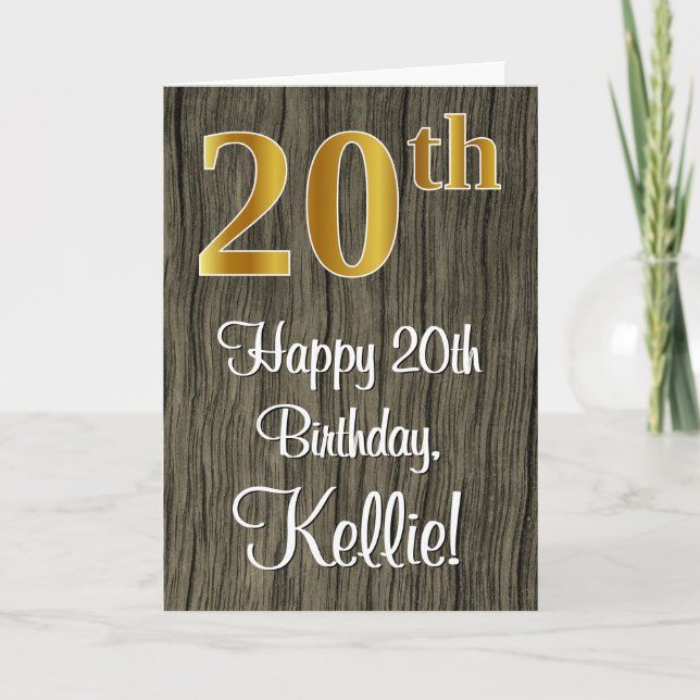 20th Birthday: Elegant Faux Gold Look #, Faux Wood Card (Front)