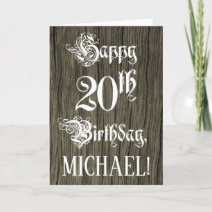 20th Birthday: Fancy, Elegant Text; Faux Wood Look Card