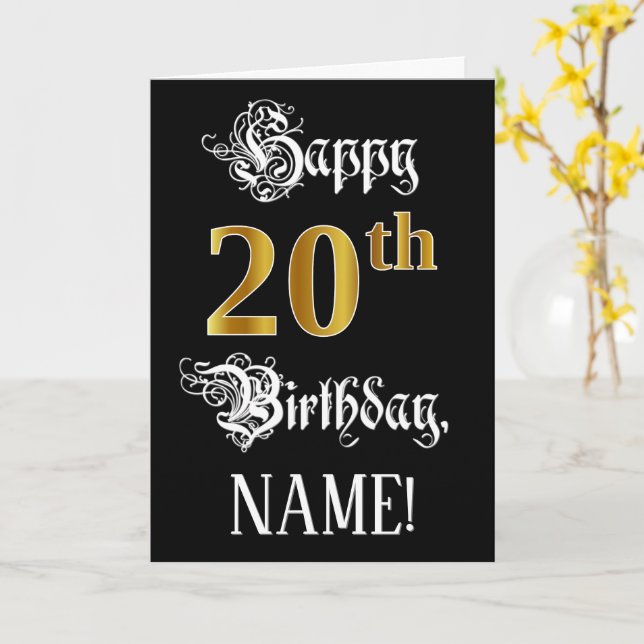 20th Birthday — Fancy Script; Faux Gold Look; Name Card (Yellow Flower)
