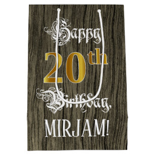20th Birthday: Faux Gold Look & Faux Wood Pattern Medium Gift Bag