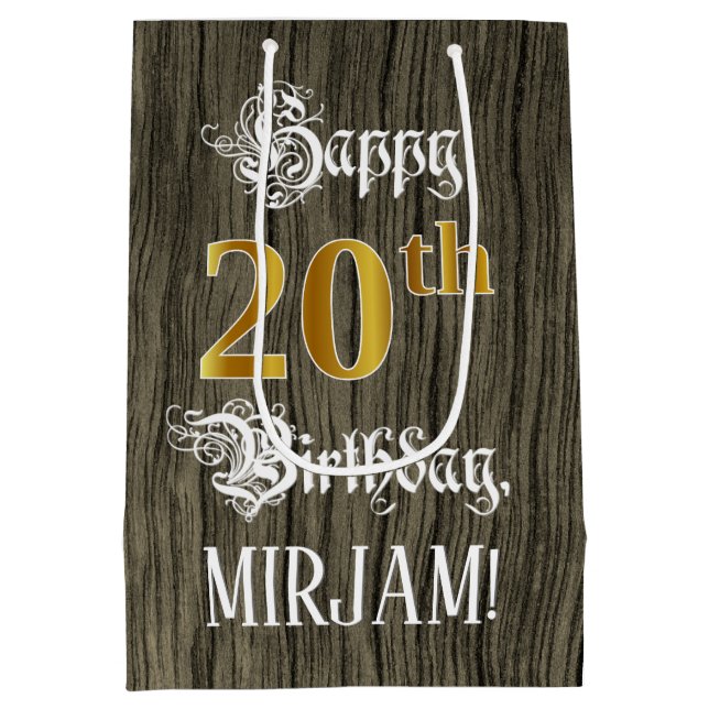 20th Birthday: Faux Gold Look & Faux Wood Pattern Medium Gift Bag (Back)