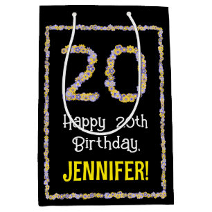 20th Birthday: Floral Flowers Number, Custom Name Medium Gift Bag